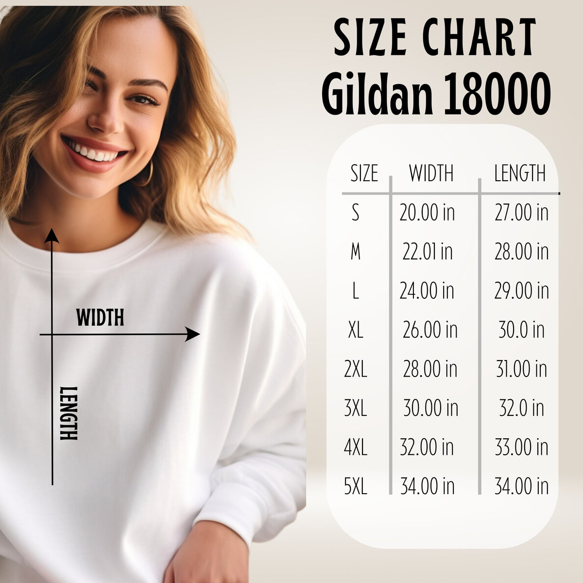 Size chart for Gildan 18000 shirts with a model wearing a white shirt.