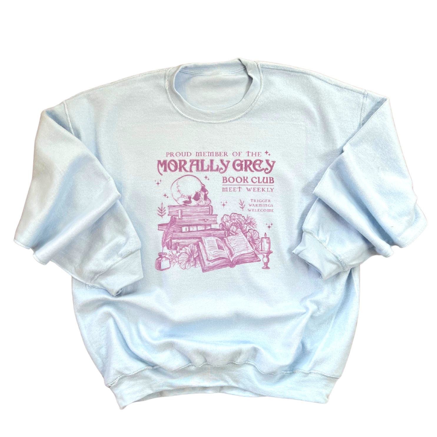 White sweatshirt with pink 'Morally Grey Book Club' design on a white background