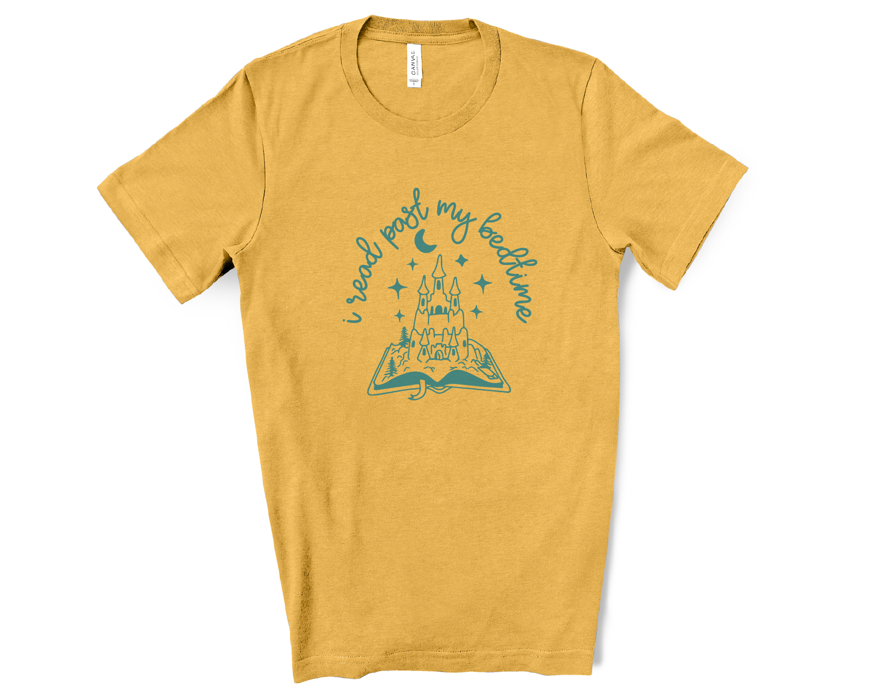 Yellow t-shirt with a castle graphic and text on a white background