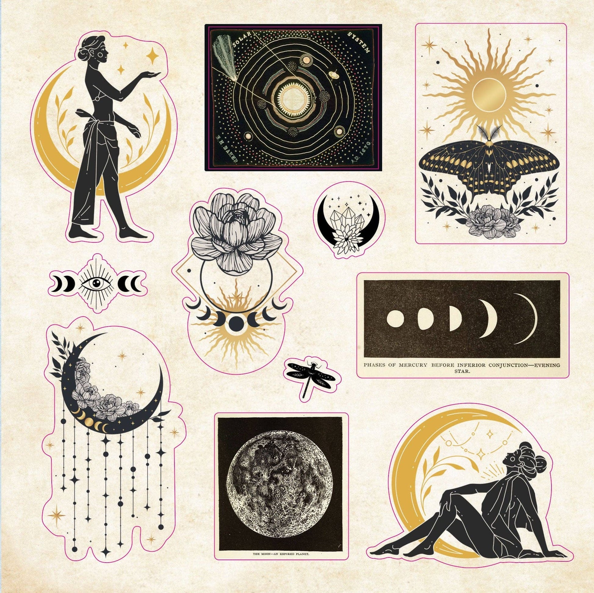 Collection of celestial and esoteric-themed stickers on a beige background