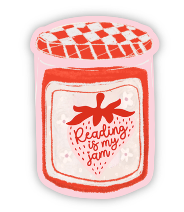 Sticker of a jar with 'Reading is my jam' text on a white background