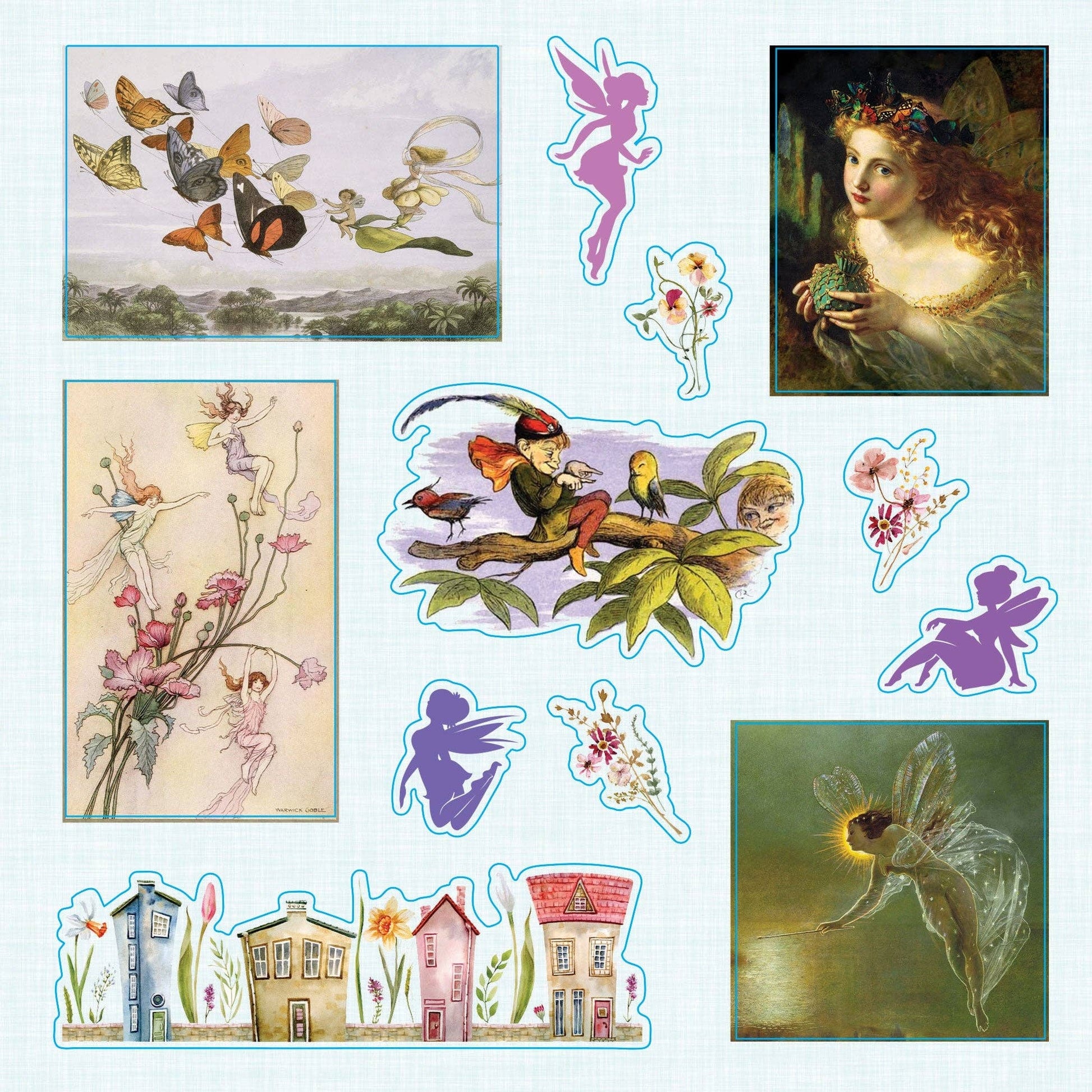 Collection of vintage-style illustrations featuring fairies, flowers, and small houses on a white background.