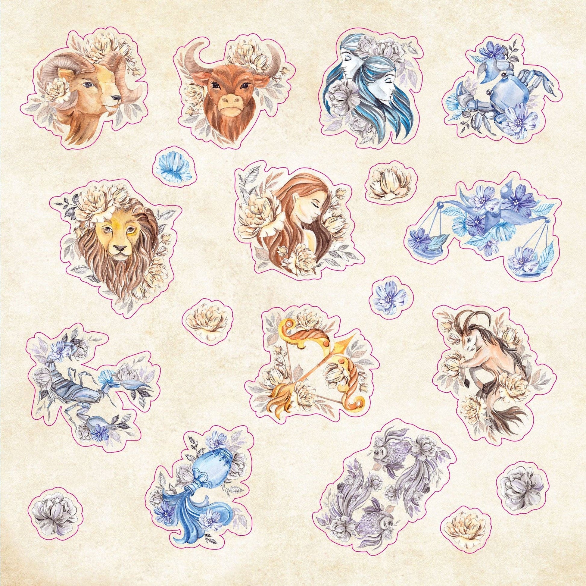 Set of zodiac sign stickers with floral designs on a beige background