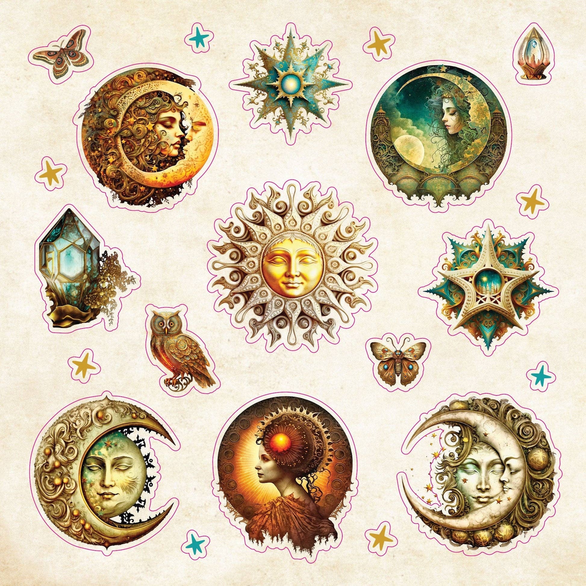 Collection of decorative stickers featuring celestial designs with faces, stars, and moons on a beige background.