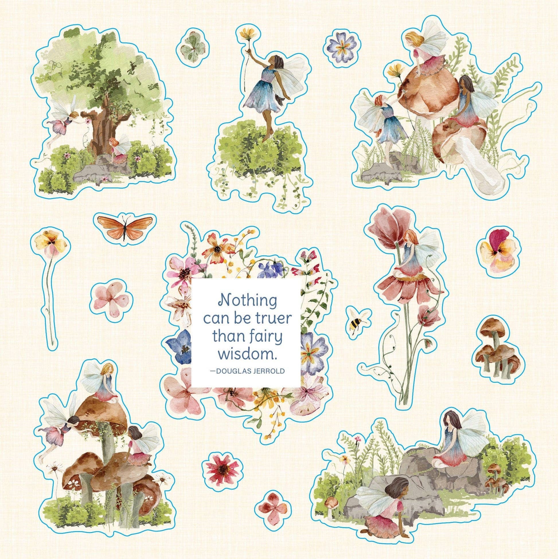 Set of fairy-themed stickers with illustrations and a quote on a light background