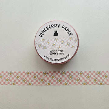 Pink Checkered Daisy Washi Tape | 15mm x 10m